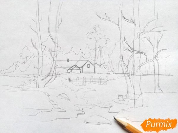 Рисунок деревня зимой срисовка