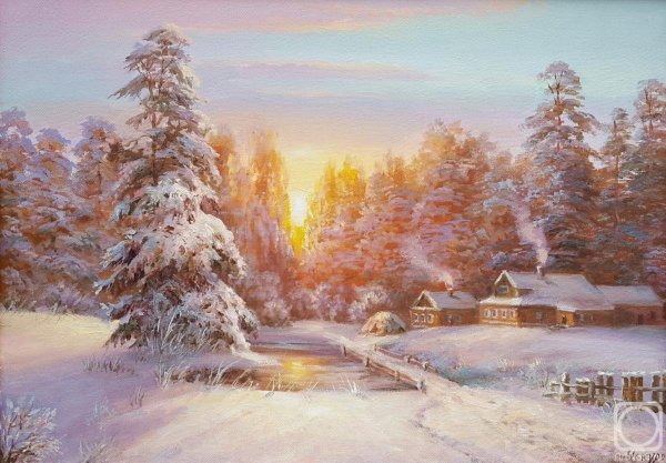 Зимний пейзаж акварельными карандашами