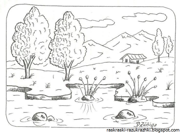 Раскраска Речной пейзаж