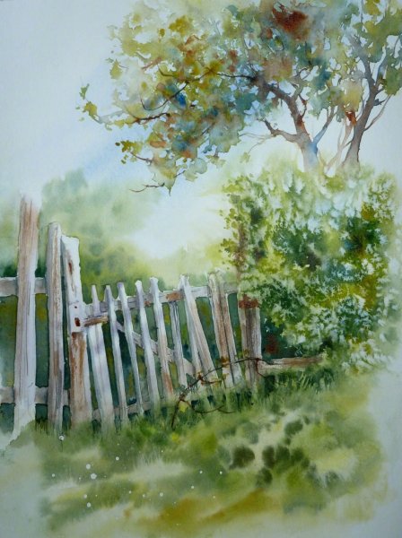 Пленэр акварель изгородь