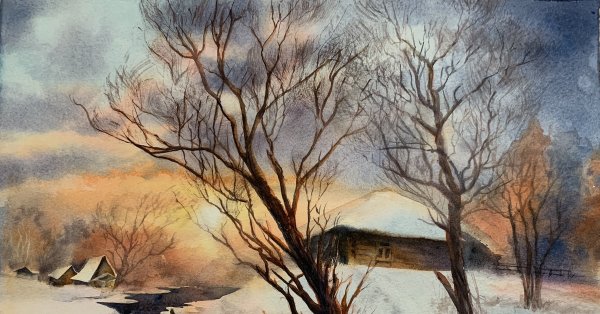 Зимний пейзаж углем