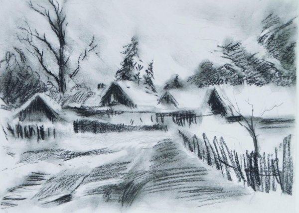 Пейзажи зимние углем и мелом