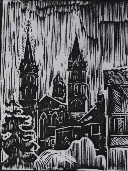 Линогравюра зима в городе