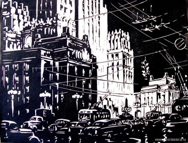 Ночной город в технике граттаж