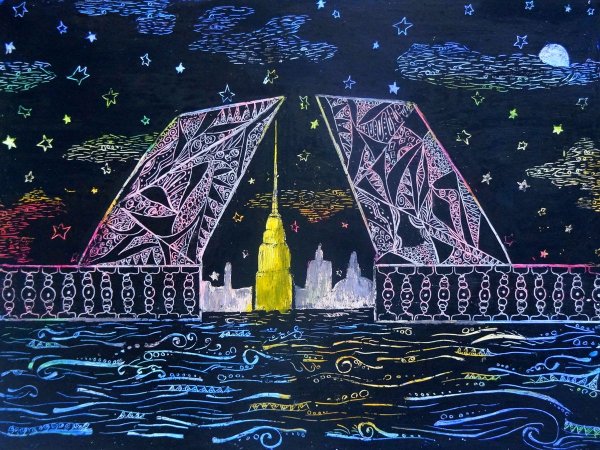 Ночной город в технике граттаж