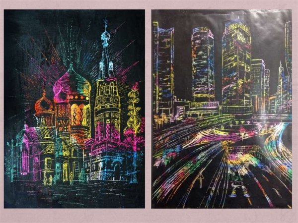 Техника граттаж ночной город