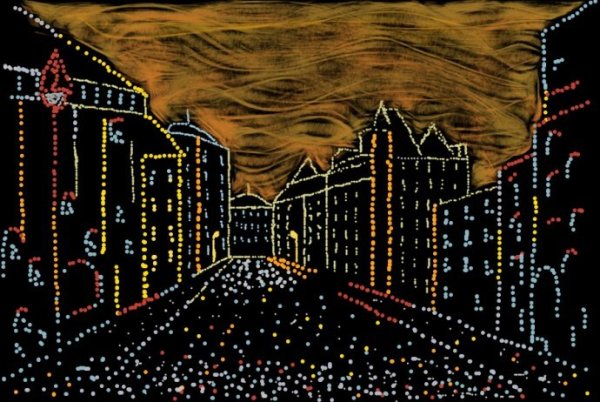 Ночной город в технике граттаж