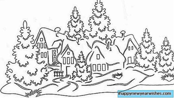 Трафарет домика на новый год на окно