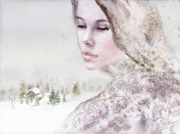 Зимний портрет акварелью