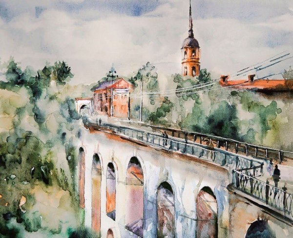 Калуга каменный мост акварелью