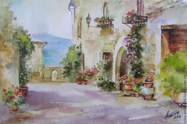 Южный дворик живопись пастель