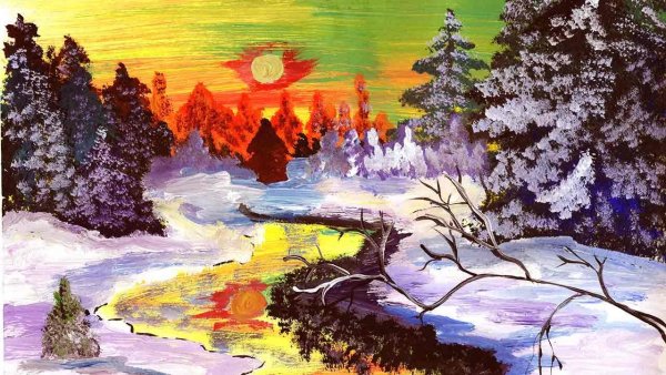 Зимний лес красками гуашь