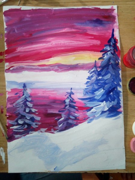 Зима гуашью для детей