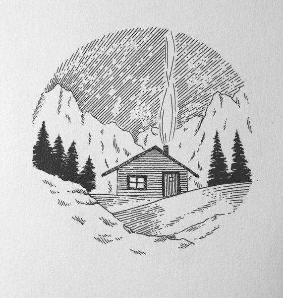 Пейзаж чёрной гелевой ручкой