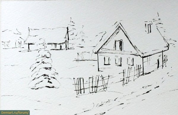 Зимний пейзаж карандашом