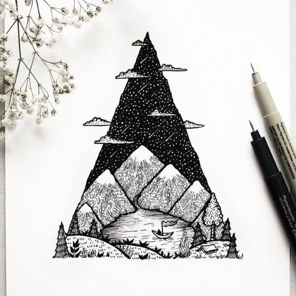 Горы черной гелевой ручкой