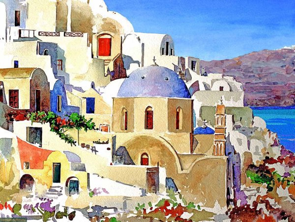 Греческий художник Пантелис Зографос картины море лодки Санторини