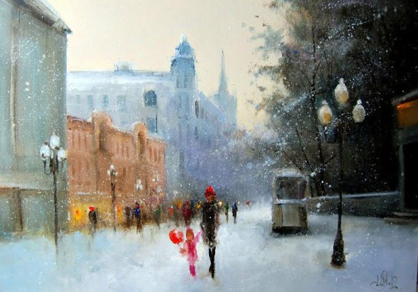 Зима в городе живопись
