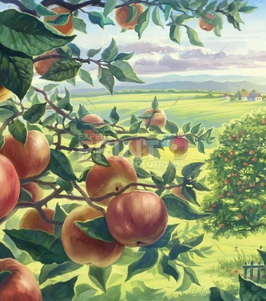 Сказочный пейзаж с яблоками