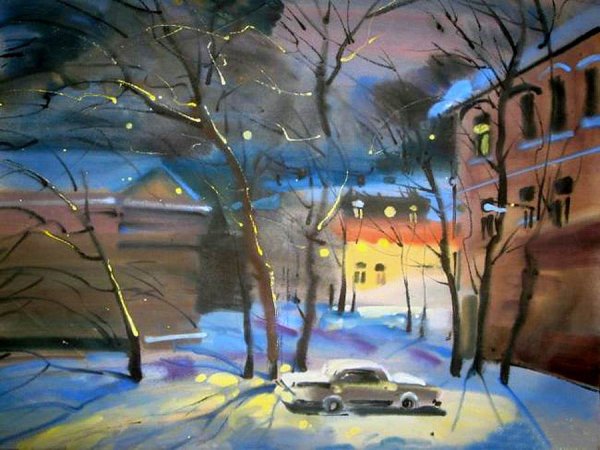 Зимний город гуашью