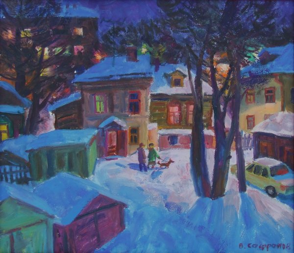 Зимний городской пейзаж гуашью