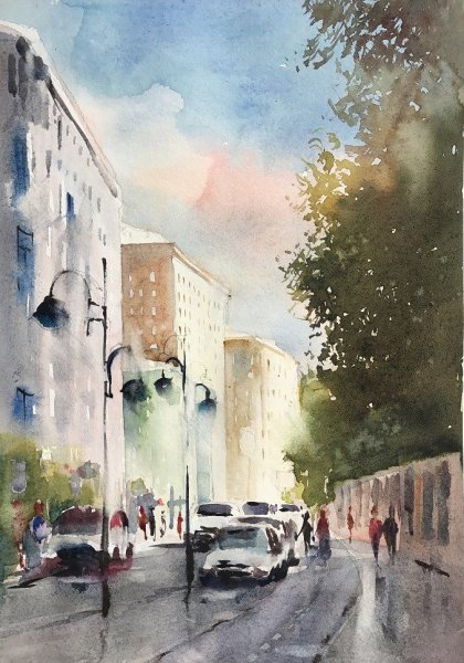 Пейзаж Парижа акварелью