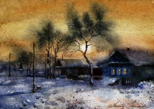Зимний вечер в деревне акварель