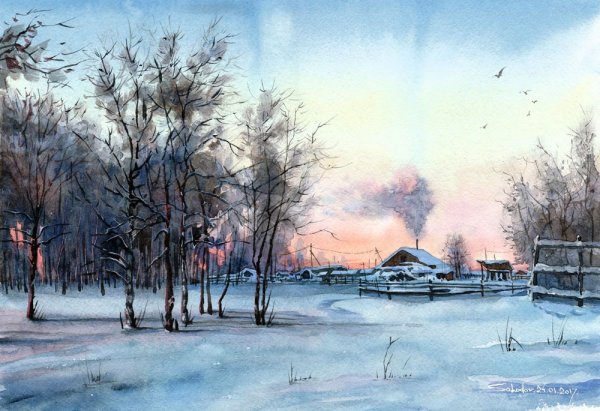 Зимний городской пейзаж акварелью