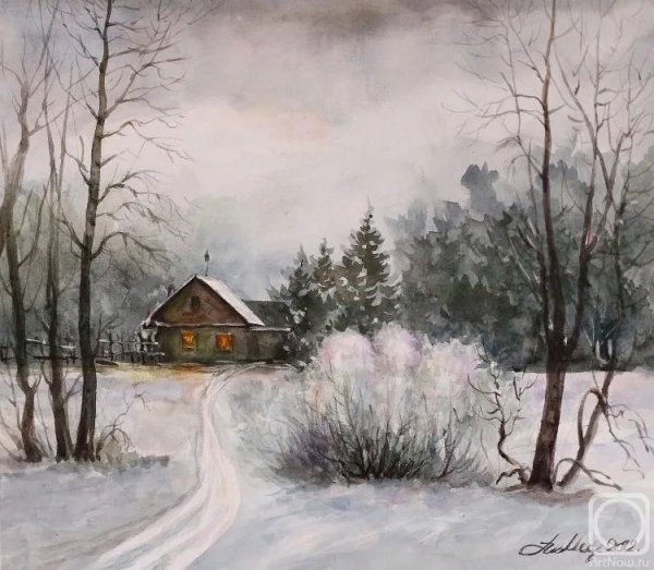 Зимний пейзаж акварель по сырому