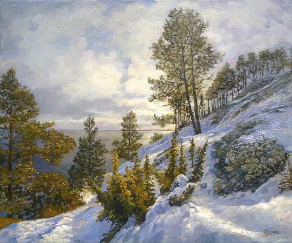 Зимняя деревня церквушка картина Эдуард Панов