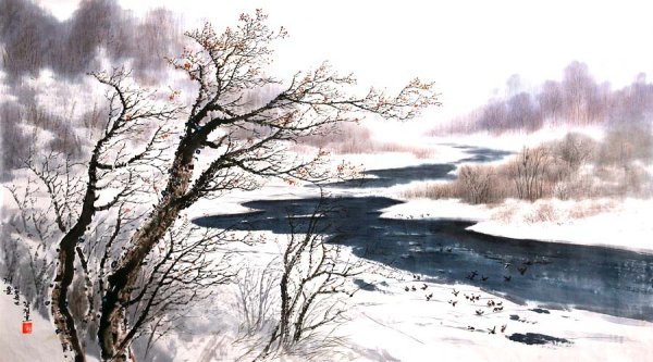 Зимний пейзаж тушью