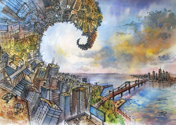 Лето город акварель