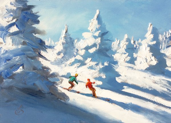 Зимний лес лыжница живопись