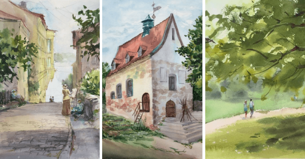 Етюд Плиннер село акварельный