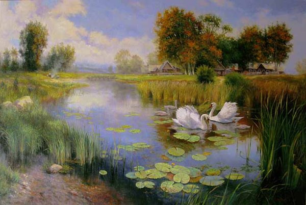 Пейзажи с лебедями маслом