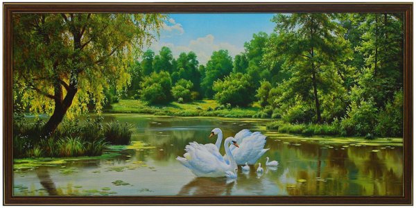 Лебеди на пруду живопись
