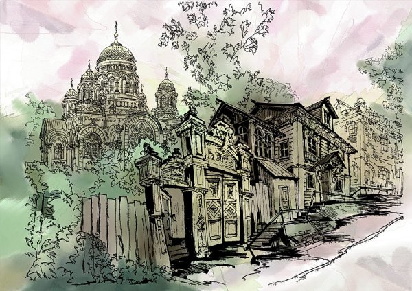 Акварель и тушь пейзаж