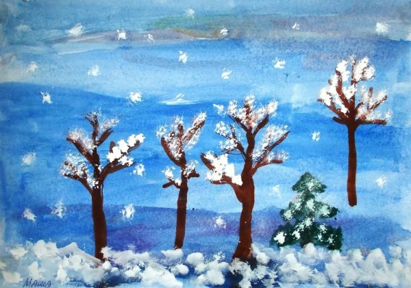 Монотипия зима гуашь