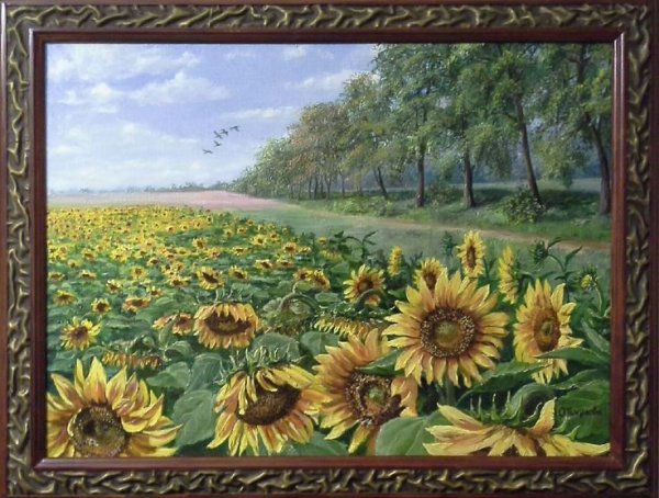 Поле подсолнухов акварелью