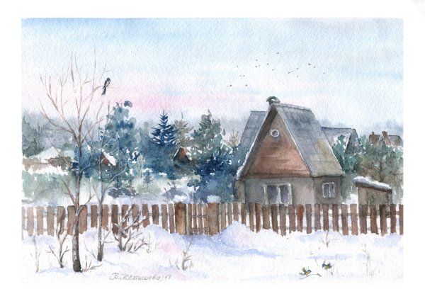 Зимний деревенский пейзаж акварелью
