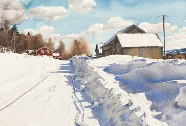 Зима акварель деревня