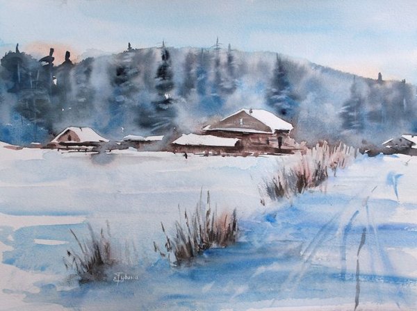 Зимние этюды акварелью в деревне