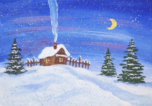 Домики в горах гуашью