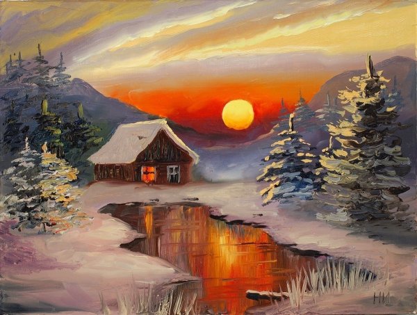 Зимний пейзаж с домиком