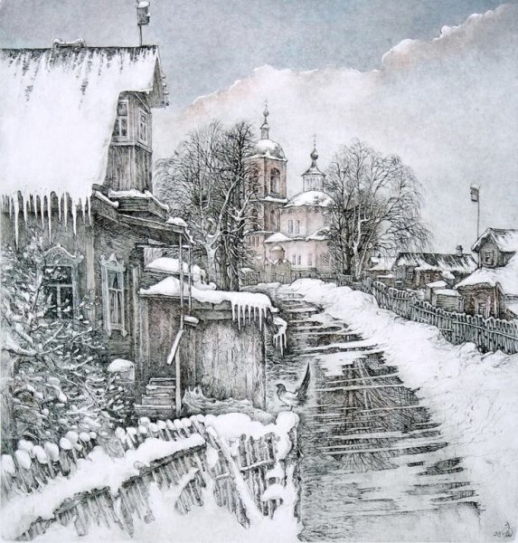 Линогравюра сельский зимний пейзаж