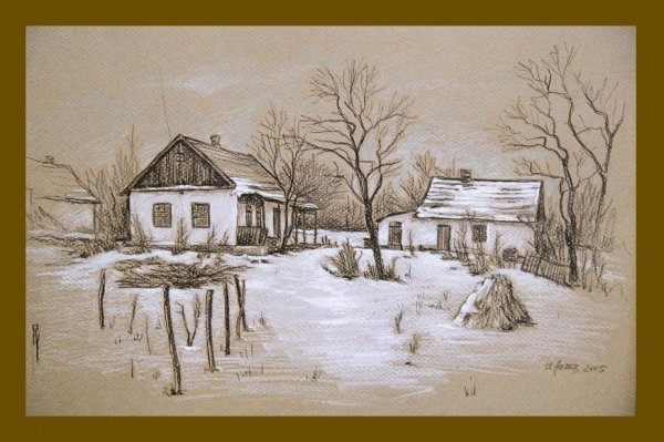 Зимний пейзаж гелевой ручкой