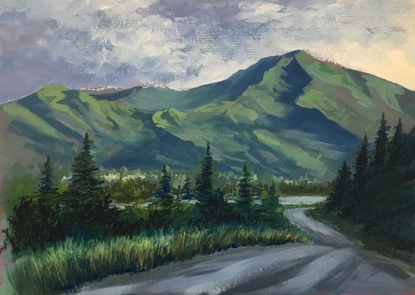 Пейзаж горы гуашью