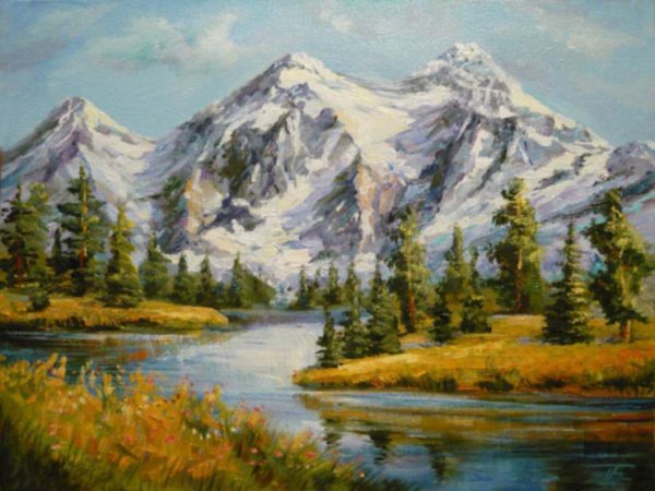 Пейзаж горы гуашью