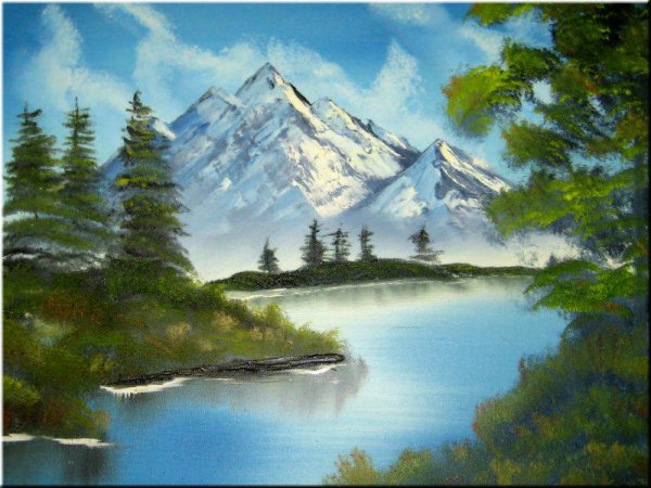 Горы и озеро акварель