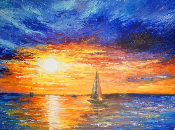 Небо и море гуашью